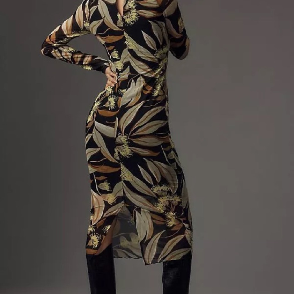 Anthropologie Leaf Print Mesh  Long Sleeve Dress XL - Picture 5 of 9